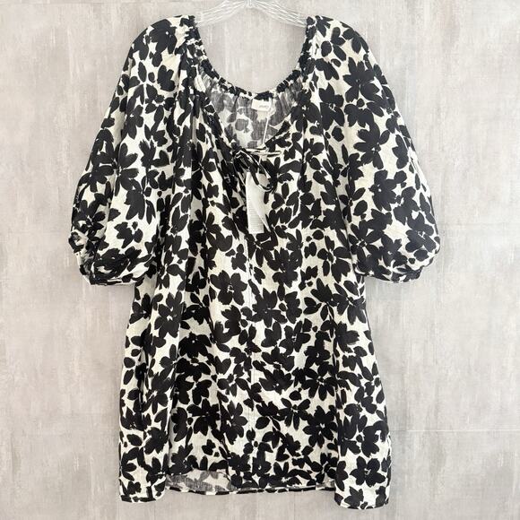 Peony Dress Women’s Medium Linen Balloon Sleeve Floral Mini Pockets Tie Neck NWT - Picture 1 of 13